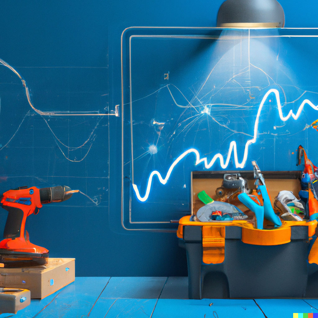 DALL·E prompt: power tools coming out of a magic toolbox in a blue room with a line chart on the wall, digital art